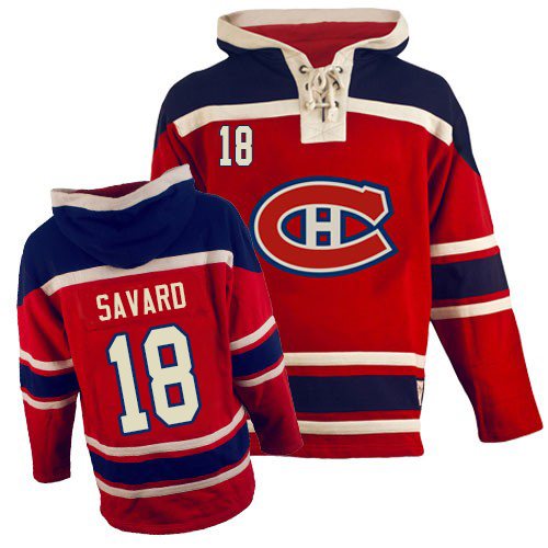 Old Time Hockey Men's Serge Savard Premier Red Jersey: NHL #18 Montreal Canadiens Sawyer Hooded Sweatshirt