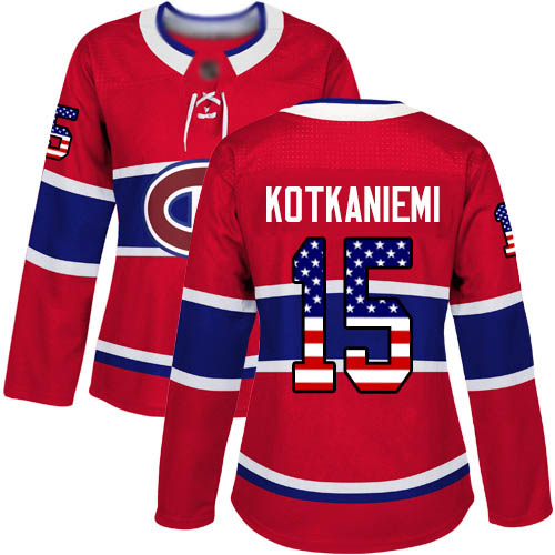 Adidas Women's Jesperi Kotkaniemi Authentic Red Jersey: NHL #15 Montreal Canadiens USA Flag Fashion