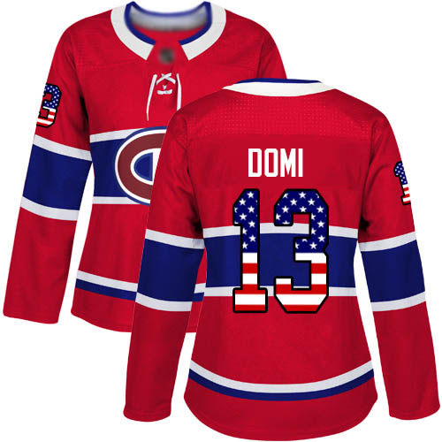 Adidas Women's Max Domi Authentic Red Jersey: NHL #13 Montreal Canadiens USA Flag Fashion