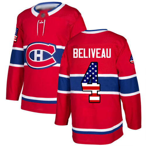 Adidas Men's Jean Beliveau Authentic Red Jersey: NHL #4 Montreal Canadiens USA Flag Fashion