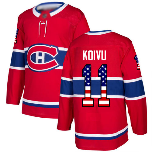Men's Saku Koivu Authentic Red Jersey: Hockey #11 Montreal Canadiens USA Flag Fashion