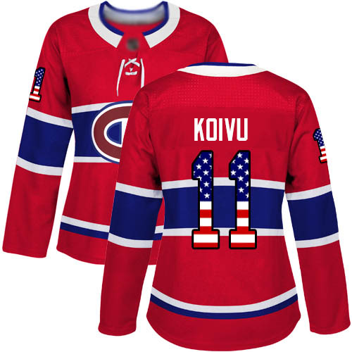 Women's Saku Koivu Authentic Red Jersey: Hockey #11 Montreal Canadiens USA Flag Fashion